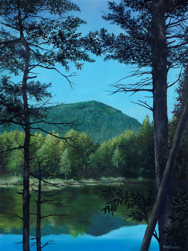 This giclee print captures the stunning beauty of Mount Webster as you approach from the west. The mountain looms over Crawford Notch and is framed by tall hemlocks along the shore of tiny Ammonoosuc Lake. The fullest greens of summer are on view in this painting, and the mountain and forests are flawlessly reflected in the glassy waters of the lake.