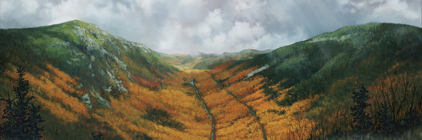 "Mount Willard, Autumn" is a 20 by 40 inch oil on canvas painting. This piece has sold, but there are three additional paintings of this scene in spring, summer and winter.