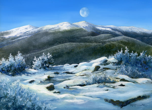 A timeless view over Agiocochook (Mt. Washington) in New Hampshire's White Mountains. The winter world spreads out beneath the moon as it bends down to converse with the mountains. Small 4x5½" greeting cards. High quality prints of paintings on archival felted cardstock. Certified by the Forest Stewardship Council.