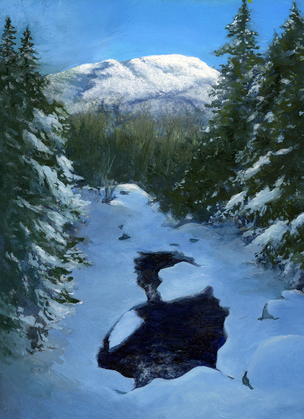 I captured this view down the Cutler River as it wends its way into Pinkham Notch. I was bounding through the snow down Tuckerman Ravine Trail. My side of the Notch was already in shadow, but the peaks of Wildcat Mountain were shining in the sun. Framed 9x12" oil on panel painting in a 14x17" gold-toned, wood frame.