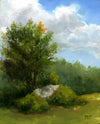 Someone Has to Lead the Way! is a beautiful 8 x 10 inch oil on panel painting of a tree limb with changing leaves. The painting was mostly painted en plein air (outdoors) on a warm, early fall day, just as the first few leaves were making their way from green to yellows, oranges, and reds. This painting celebrates the beginning of autumn in the White Mountains of New Hampshire.