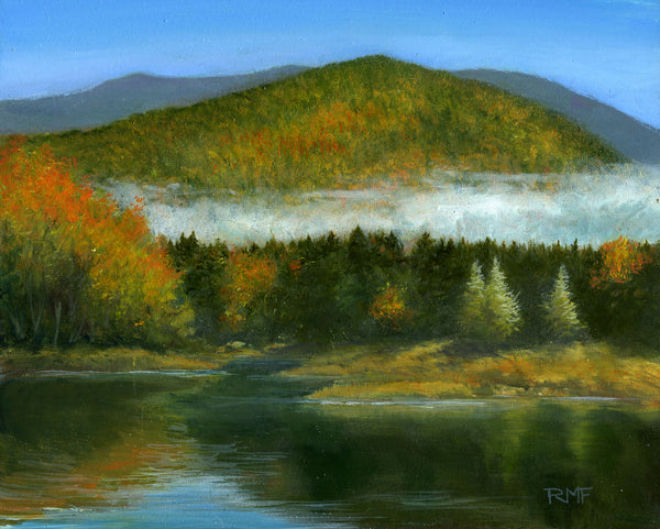 I started painting this outdoors on the most delicious autumn day on Ammonoosuc Lake. Warm, sunny weather combined with beautiful autumn colors made this one of the best days of the season. Finishing this piece off in the studio I added a few whisps of low clouds for some drama. Framed 8x10 inch oil on panel painting.
