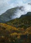 On a chilly day this autumn I stood at the base of the Mount Washington Auto Road and painted this slice of mountain slopes. I painted quickly to capture the clouds as they whisked in and out of the ravines, obscured the mountain altogether, then lifted and flew off.  Framed 9x12 inch oil on panel. White Mountains, NH.
