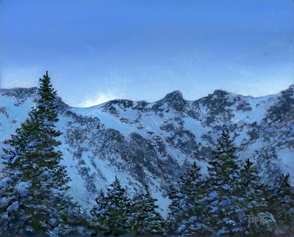 When the sun starts setting early in winter it becomes harder to avoid hiking in the dark if you want to get far out in the mountains. I took a late day hike as far as the Ranger Station at Tuckerman Ravine last winter and the ravine was already well into shadow when I arrived. Framed 8x10 inch oil on panel painting.
