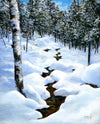This small oil painting captures the beauty of a mountain stream in the winter woods, with its snow-covered rocks, meandering waters, and interplay of light and shadow. The artist loves to paint these scenes, and they bring out the best of the colors and textures of winter.  The painting is framed in a dark walnut frame and is wired and ready to hang. It is a perfect addition to any home, and it will bring a touch of nature to your walls.