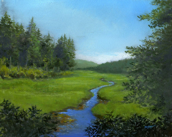 Though it may not be much fun to slog through a long hike on a hot, humid summer day, there is a lovely quality to the air. The greens of blues of water and woods soften. The heat makes you slow down, abandon ambitious plans to sit in the shade. Luminous 8x10 inch oil painting on panel, framed. White Mountains, NH.