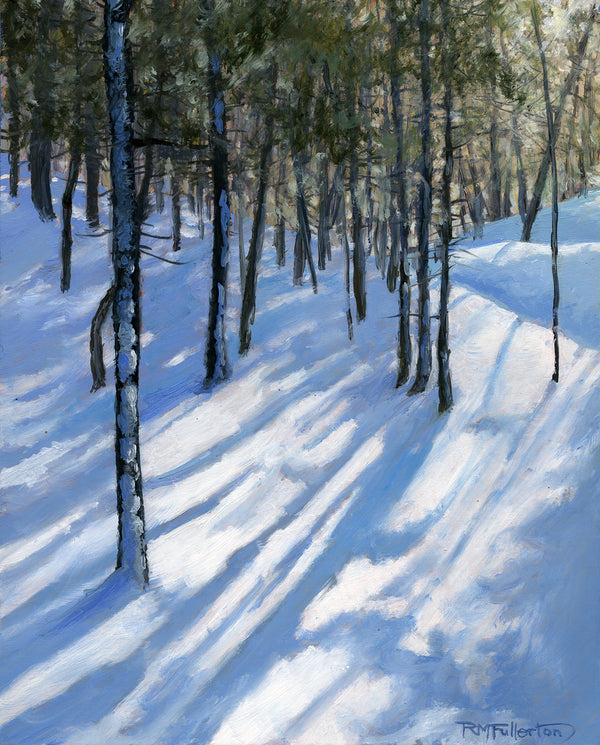 There's a place on the Mount Willard Trail where it goes around a sharp corner and continues on up a gentle slope to the overlook. Hiking this bit late in the day, the sun rakes through the trees, creating stripes of blue and white on the snow. Luminous 8 x 10 inch oil painting on panel, framed. White Mountains, NH.