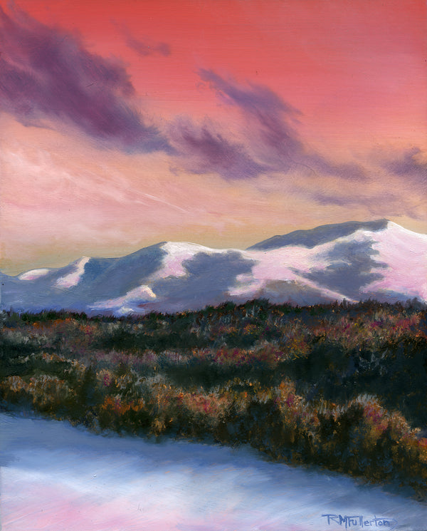 Winter sunsets can be so intense. Bright, snowy mountains tinted pink and orange, framed by a glowing sky and dark trees below is one of nature's perfect sights to me. Luminous 8 x 10 inch oil painting on panel, framed. White Mountains, NH.