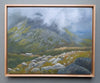 Framed painting of Madison Spring Hut with clouds sweeping over Mount Madison above. White Mountains, New Hampshire.