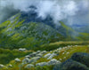 Painting of Madison Spring Hut with clouds sweeping over Mount Madison above. White Mountains, New Hampshire.