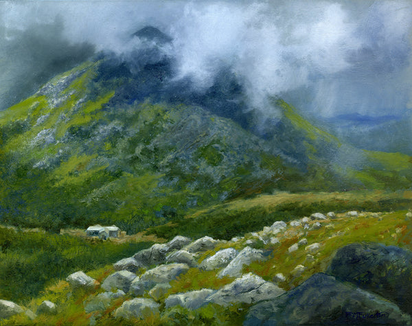 Painting of Madison Spring Hut with clouds sweeping over Mount Madison above. White Mountains, New Hampshire.