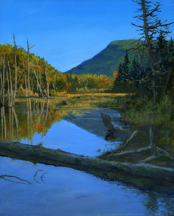 Painting of Zeacliff reflected in the ponds of Zealand Notch in the White Mountains of New Hampshire.
