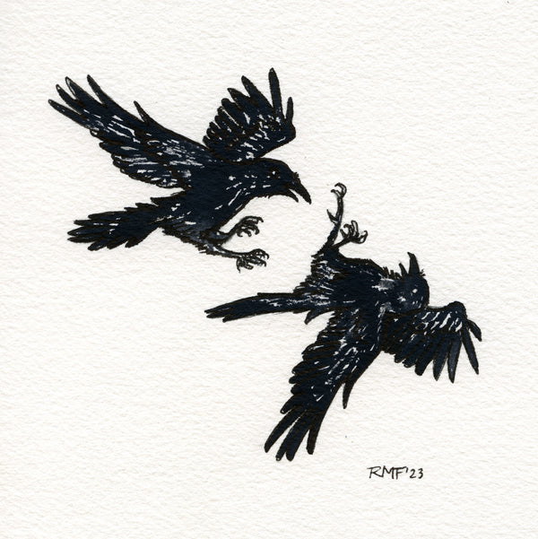"raven play" watercolor and ink on paper, 5x5 inch doodle