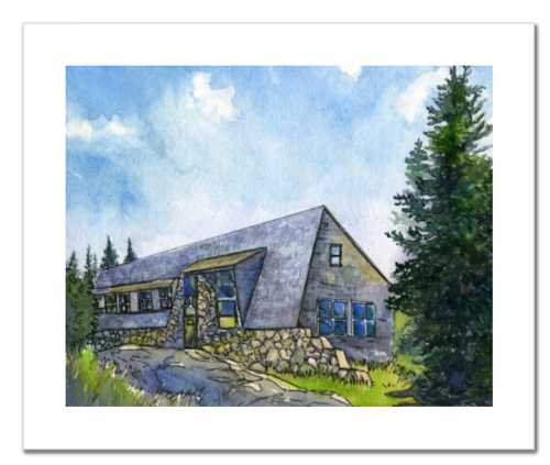 Appalachian Mountain Club Mizpah Spring Hut, White Mountain National Forest, White Mountains, New Hampshire. Fine art print of a watercolor painting. Gifts for hikers, backpackers, outdoor enthusiasts and hut fans.