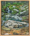Original oil painting of a glassy mountain stream in the White Mountains, New Hampshire. The cool, clear water reflects the mossy rocks and lush green vegetation, creating a stunning scene of natural beauty. The painting is meticulously detailed, capturing the ripples in the water and the tiny flecks of sunlight dancing on the surface. This is a feast for the eyes and will transport you to a tranquil mountain paradise.