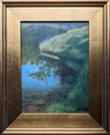 Grasses, bluets, the reflection of trees, stones underwater. Even a tiny segment of shoreline can be a captivating composition. Just add a ray of sunlight and you have a perfect summer day by the water in miniature. This is a 9 x 12 inch oil on panel painting framed in a 14 x 17 inch gold-toned wood frame, signed by the artist, wired and ready to hang.