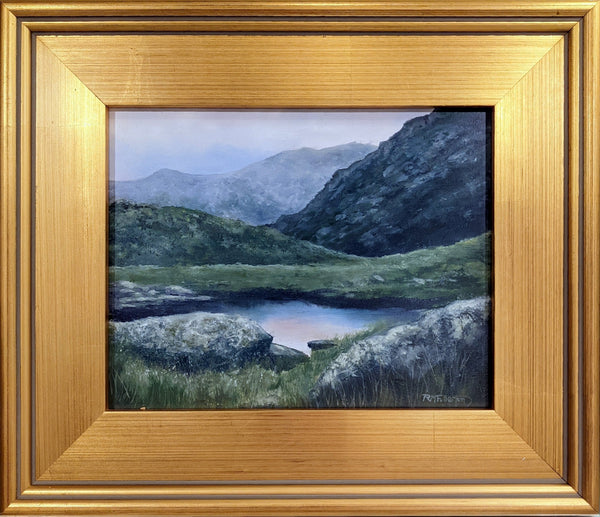 "A Quiet Moment" is an 8 by 10 inch oil on panel painting depicting a tiny mountain pool among rugged slopes, bathed in mellow lights.