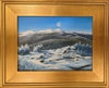 A winter landscape oil painting on panel featuring Mount Washington with the moon rising over the summit.