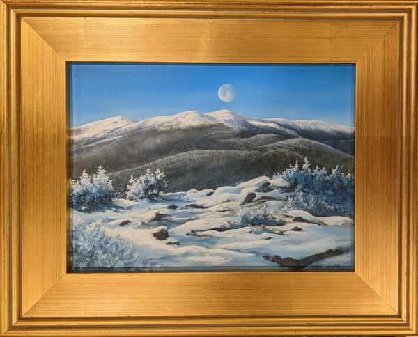 A winter landscape oil painting on panel featuring Mount Washington with the moon rising over the summit.