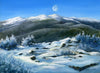 A winter landscape oil painting on panel featuring Mount Washington with the moon rising over the summit.