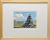 "Alpine Daydream" is a 5 by 7 inch watercolor and ink painting on paper by Rebecca M. Fullerton, depicting a large rock cairn on a mountain ridge. A tiny bird is perched on top of the cairn.