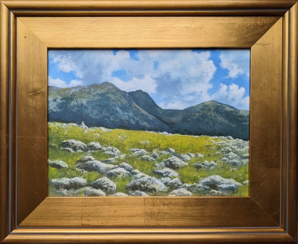 "Alpine Days" is a 9 by 12 inch framed oil on panel painting of the view above treeline on the Presidential Range of New Hampshire's White Mountains. One of the few reasons I'll get up really early is to have a full day of hiking above treeline. The alpine zone, with its stunted trees, amazing plant life and unbeatable views, is far and away my favorite part of the White Mountains.