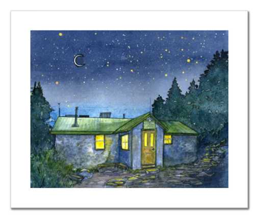Appalachian Mountain Club Carter Notch Hut, White Mountain National Forest, White Mountains, New Hampshire. Fine art print of a watercolor painting. Gifts for hikers, backpackers, outdoor enthusiasts and huts fans.