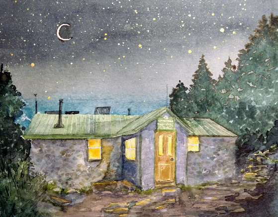 AMC Carter Notch Hut watercolor and ink painting. White Mountains, New Hampshire.