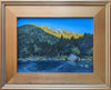 A scenic oil painting of a mountain range with trees and a sky background, titled 'Carter Notch Light'.