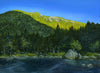 A scenic oil painting of a mountain range with trees and a sky background, titled 'Carter Notch Light'.