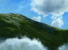 An oil on panel painting featuring a scenic view of a mountain range with a sky background, depicting various shades of green and blue.