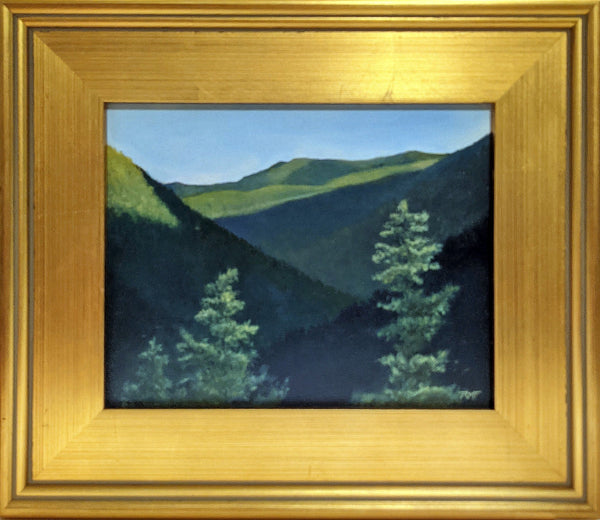 "Crawford Notch Shadows" is an 8 by 10 inch oil on panel painting depicting the view down through Crawford Notch, New Hampshire, with rays of sun highlighting mountain slopes in the distance, and spruce trees in the foreground.