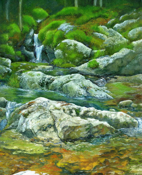 Original oil painting of a glassy mountain stream in the White Mountains, New Hampshire. The cool, clear water reflects the mossy rocks and lush green vegetation, creating a stunning scene of natural beauty. The painting is meticulously detailed, capturing the ripples in the water and the tiny flecks of sunlight dancing on the surface. This is a feast for the eyes and will transport you to a tranquil mountain paradise.