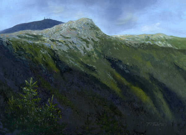 As you break above treeline on the Crawford Path you can see the way ahead to Mount Washington, along with all the summits you must traverse to get there. Monroe is the final peak to be crossed (or walked around!) and it rises up like a horn of stone in front of Washington's building-topped peak.   9 x 12 inch oil on panel painting framed in a 14 x 17 inch gold-toned, wood frame signed by the artist wired and ready to hang