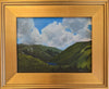 The view out over Franconia Notch from Artist Bluff never gets old! The mountains, the sun shining off Profile Lake, the road winding through the valley, the slopes of Cannon Mountain. It all works in harmony in this idyllic scene.  9 x 12 inch oil on panel painting framed in a 14 x 17 inch gold-toned, wood frame signed by the artist wired and ready to hang