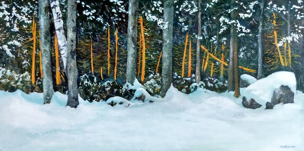 "Lights in the Trees" is an 11.75 by 23.5 inch oil on wood panel painting by Rebecca M. Fullerton. It depicts trees at the edge of the snowy forest, some of which are light with the orange light of dawn. Snow dusts the tree limbs, shrubs, rocks and ground below.