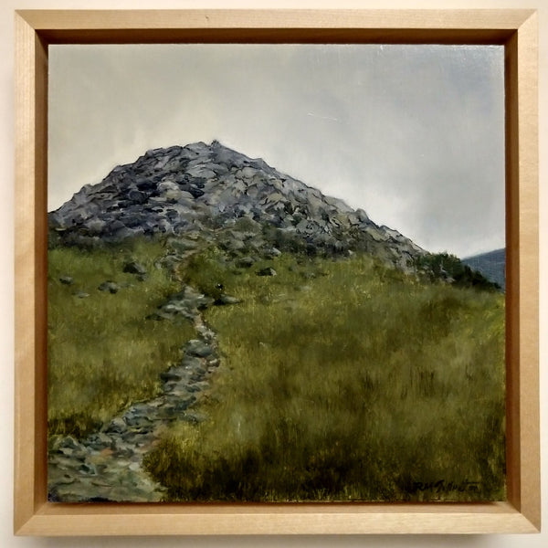 "False Summit" is a 10 by 10 inch oil on panel landscape painting by Rebecca M Fullerton, depicting a rocky promontory surrounded by sedge and alpine plants along the Presidential Range of the White Mountain National Forest in New Hampshire. This image shows the painting in its 11.5 by 11.5 inch maple float frame.