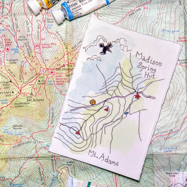 "Mount Adams and Madison Spring Hut," one of my miniature map paintings. These small watercolor paintings are tiny artworks of my favorite trails in the White Mountains of New Hampshire, home of some of the Northeast's best hiking!