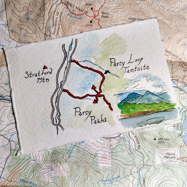 "Percy Peaks," one of my miniature map paintings. These small watercolor paintings are tiny artworks of my favorite trails in the White Mountains of New Hampshire, home of some of the Northeast's best hiking!