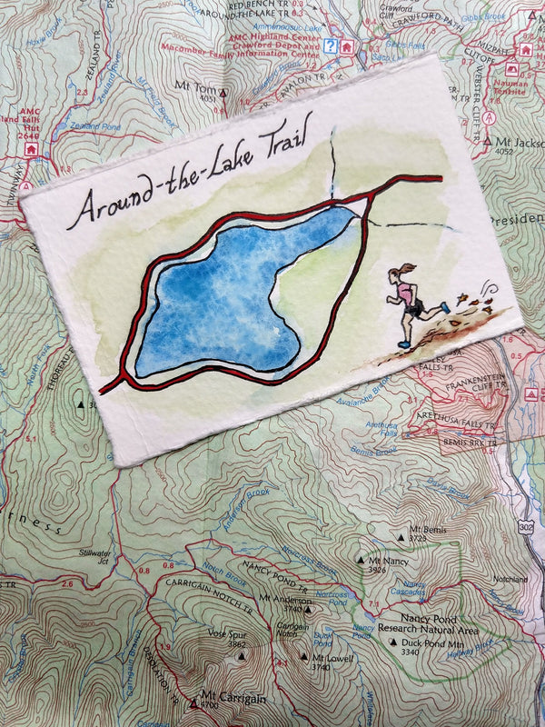 "Around the Lake Trail," one of my miniature map paintings. These small watercolor paintings are tiny artworks of my favorite trails in the White Mountains of New Hampshire, home of some of the Northeast's best hiking!