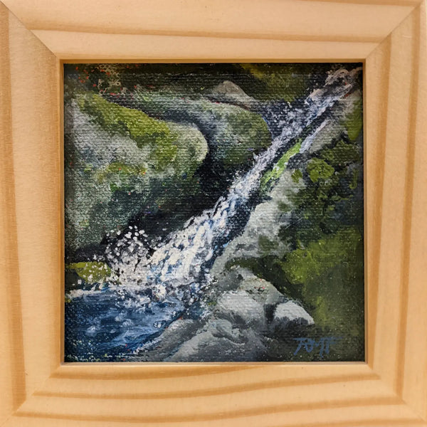 I painted this diminutive waterfall after seeing ever so many of them along the White Mountain trails that I often wander. Tiny streams and freshets spring out of the woods all around and tumble sparkling down the mountains here. Every joyful and enchanting, I could not help but put one down in paint.  4 by 4 inch oil on canvas painting framed in a 1.5" deep thick wood frame; signed by the artist; wired and ready to hang.