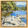 "Jackson Falls" is an 8 by 8 inch oil on panel painting by Rebecca M. Fullerton depicting rock ledges and clear, reflective pools as seen at Jackson Falls in Jackson, New Hampshire.