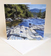 A view down Jackson Falls in Jackson, New Hampshire, where the river sparkles and splashes over a number of rocky drops and lies in still, reflective pools on its way down through the valley. Square 5"x5" greeting cards on archival felted cardstock. Envelopes included.