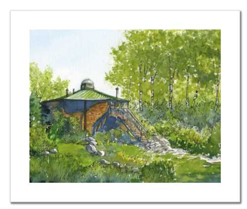 Appalachian Mountain Club Lonesome Lake Hut, White Mountain National Forest, White Mountains, New Hampshire. Fine art print of a watercolor painting. Gifts for hikers, backpackers, outdoor enthusiasts and hut fans.