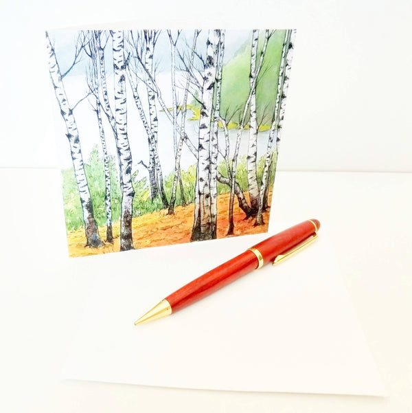 I painted these beautiful lakeside birches on a cloudy, misty day deep in the woods of Maine. Like many people, I love birches for the way they stand out in the forest; their white bark glowing, even when the sun's not out.  Square 5"x5" greeting cards on high quality archival felted cardstock. Certified by the Forest Stewardship Council. Envelopes are included.