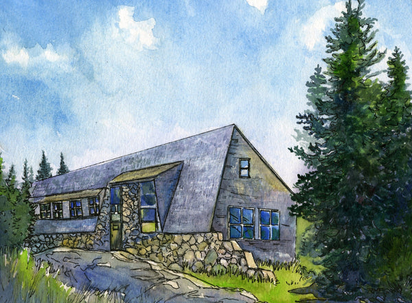 A watercolor depiction of the Appalachian Mountain Club Mizpah Spring Hut in the White Mountains of New Hampshire