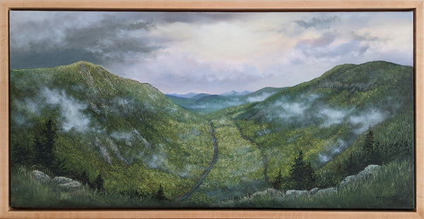 "Mount Willard, Spring" is a 20 by 40 inch framed oil on canvas painting by Rebecca M. Fullerton depicting the view over Crawford Notch from Mount Willard in the heart of New Hampshire's White Mountains.