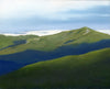 Painting of a mountain landscape with green slopes and a blue sky.