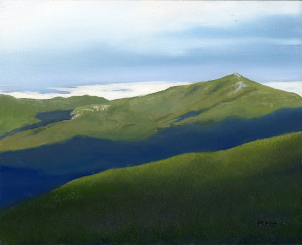Painting of a mountain landscape with green slopes and a blue sky.