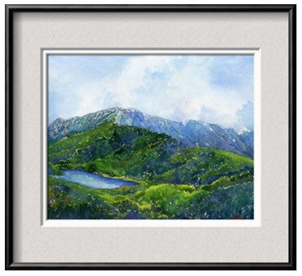 This is a framed view of "Mount Lafayette, NH," a 16 by 20 inch watercolor and ink painting on paper. The painting is matted in an archival grey-on-white double mat, inside a 22 by 26 inch black metal frame, and glazed with glass.